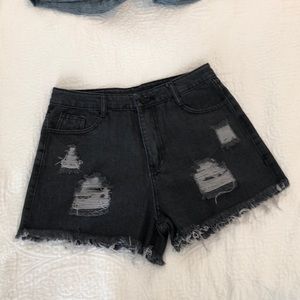 Distressed Black Denim High Waisted Shorts
